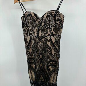 Lulus Black Lace Midi Dress | Nude Lining | Cocktail / Party Dress | Size S